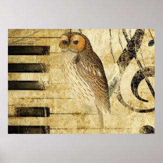 Vintage Parchment ~ Owl on Piano Poster