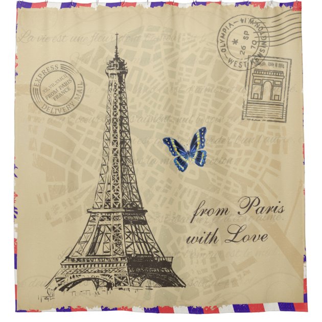 Vintage Paris City Map Old Air Mail Envelope Shower Curtain
