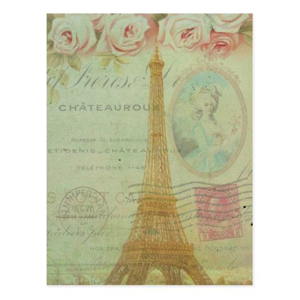 Vintage Paris Eiffel Tower Roses French Inspired Postcard