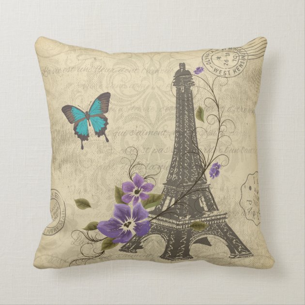 Vintage Paris Floral Eiffel Tower Butterfly Accent Pillow