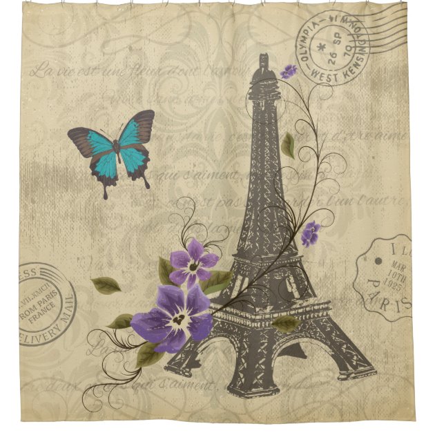 Vintage Paris Floral Eiffel Tower Butterfly Damask Shower Curtain 2/2