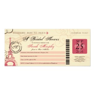 Vintage Paris France Bridal Shower Boarding Pass 4x9.25 Paper Invitation Card