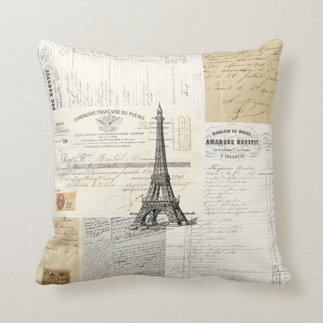 Vintage Paris French Ephemera Pillow