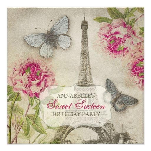 Vintage Paris Peonies Sweet Sixteen Birthday Party Custom Invitation