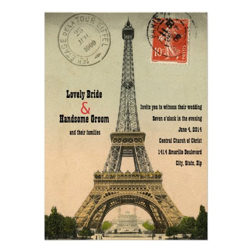 Vintage Paris Postcard Eiffel Tower Wedding Invite
