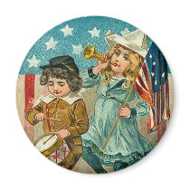 Vintage Patriotic Girl and Boy Round Magnet