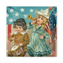 Vintage Patriotic Girl and Boy Square Magnet