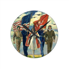 Vintage Patriotic, Military Personnel Round Wallclock
