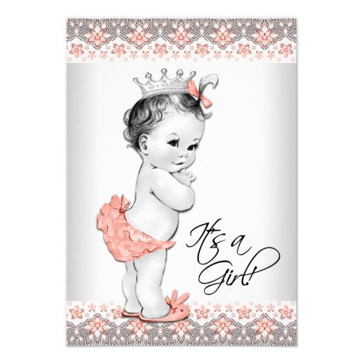 Vintage Peach and Gray Baby Girl Shower Invite