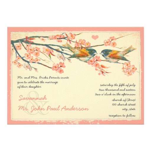 Vintage Peach Coral Teal Love Birds Wedding Invite