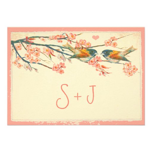 Vintage Peach Coral Teal Love Birds Wedding Invite