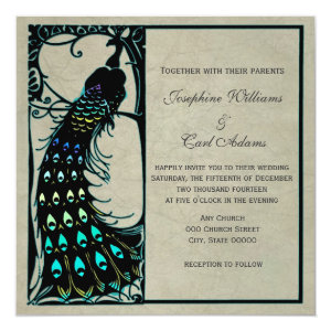 Vintage Peacock Art Nouveau Wedding Invites 5.25