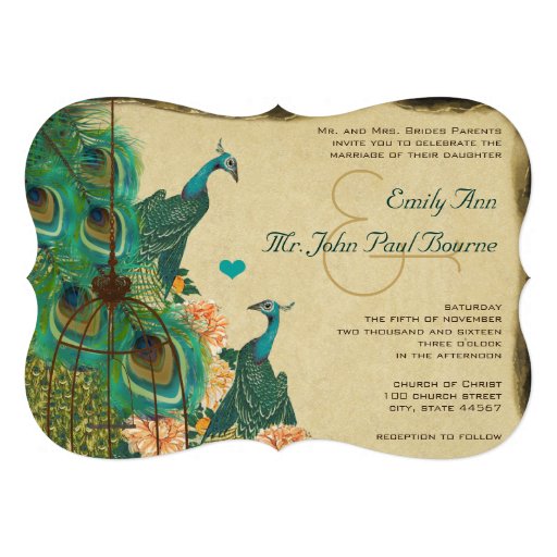 Vintage Peacock Bird Cage Feather Wedidng Invite