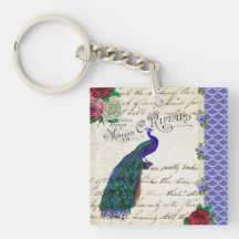 Vintage Peacock Collage keychain Square Acrylic Key Chain