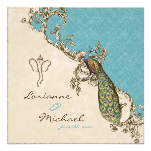 Vintage Peacock & Etchings Hindu Wedding Invite