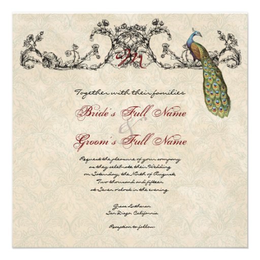 Vintage Peacock & Etchings Wedding Invitation