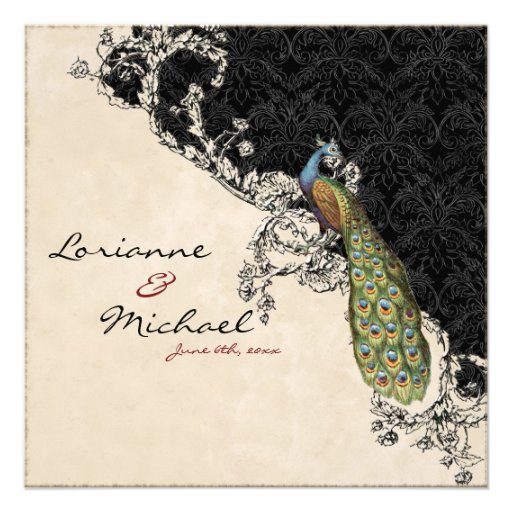 Vintage Peacock & Etchings Wedding Invitation