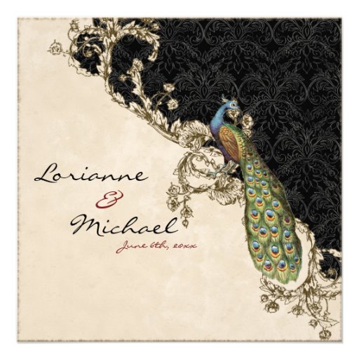 Vintage Peacock & Etchings Wedding Invitation