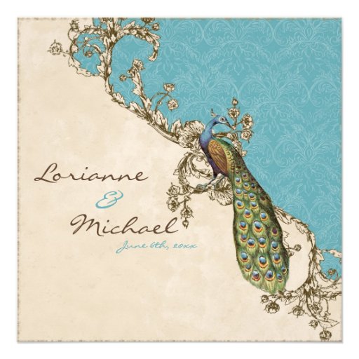 Vintage Peacock & Etchings Wedding Invitation