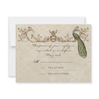 Vintage Peacock & Etchings Wedding RSVP Card invitation