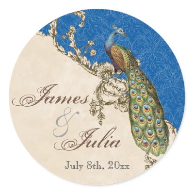 Vintage Peacock &amp; Etchings  Wedding Seal Round Sticker