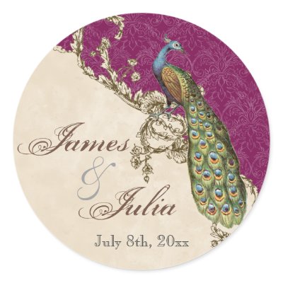Vintage Peacock &amp; Etchings  Wedding Seal Round Sticker