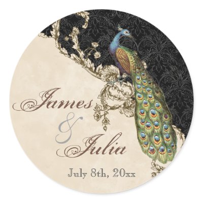 Vintage Peacock &amp; Etchings  Wedding Seal Round Sticker