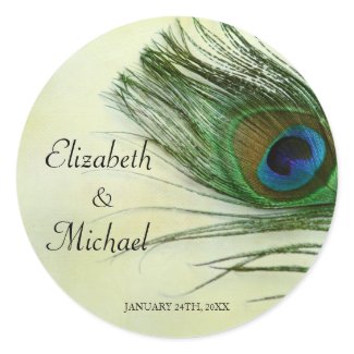 Vintage Peacock Feather Round Wedding Favor Label Classic Round Sticker