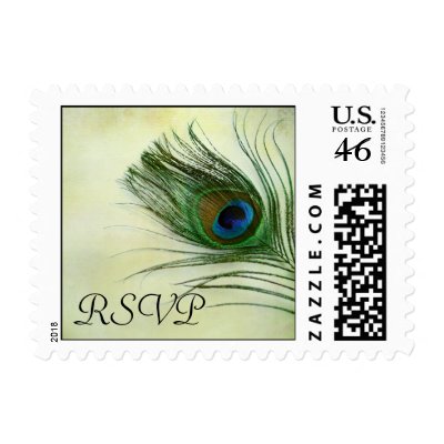 Vintage Peacock Feather Wedding RSVP Stamp
