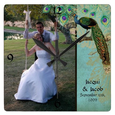 Vintage Peacock Feathers Etchings - Wedding Photo Wall Clock