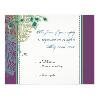 Vintage Peacock, Feathers  RSVP response card Personalized Invite