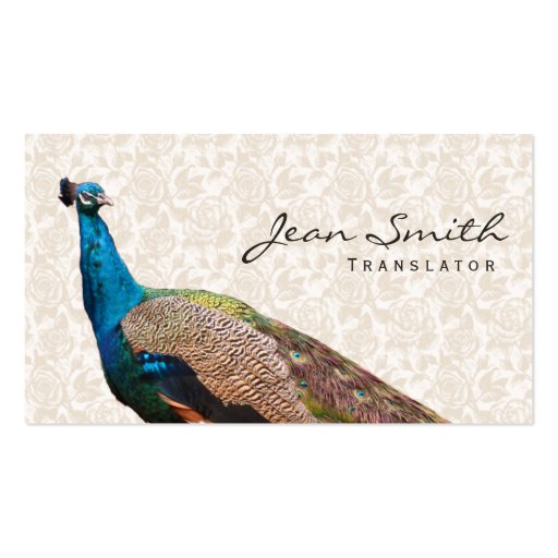 Vintage Peacock Floral Translator Business Card (front side)