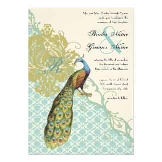 Vintage Peacock Lagoon Endive Damask Wedding Invitation
