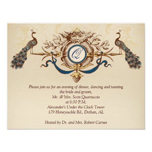 Vintage Peacock Reception Card Horizontal b Custom Invites