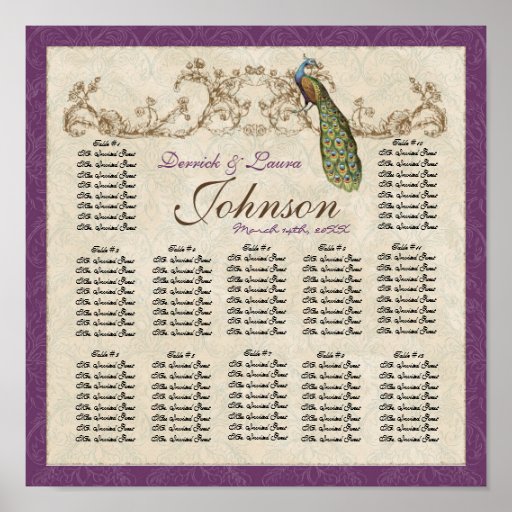 Vintage Peacock Reception Table Seating Chart Print
