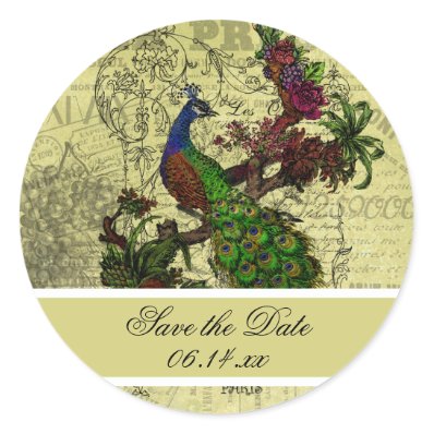Vintage Peacock Save the Date Round Stickers