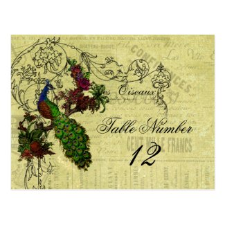 Vintage Peacock Wedding Table Number Postcard