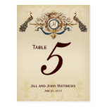 Vintage Peacocks Wedding Table Number Card Post Cards