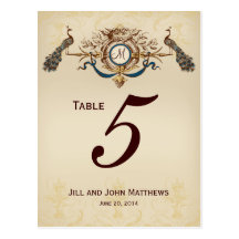 Vintage Peacocks Wedding Table Number Card Post Cards