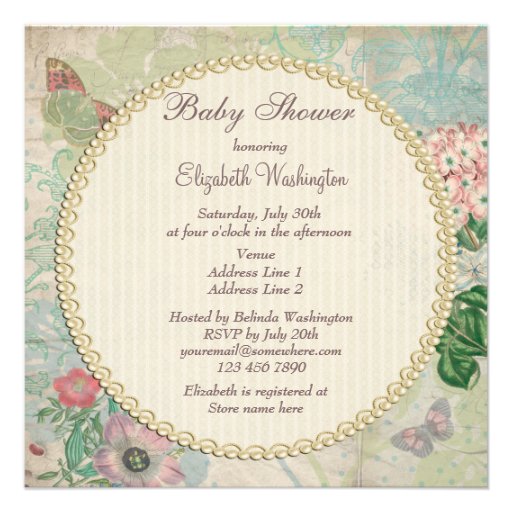 Vintage Pearls & Lace Shabby Chic Baby Shower Custom Invitation