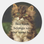 Vintage Pet Animals, Tabby Cat Kitten Bookplate Round Stickers