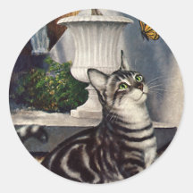 Vintage Pet Animals, Tabby Cat Kitten Butterfly Stickers