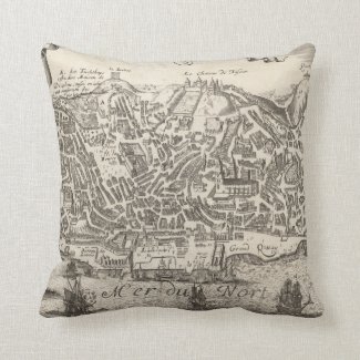 Vintage Pictorial Map of New York City (1672) Throw Pillows