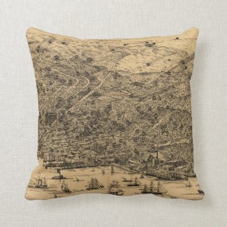Vintage Pictorial Map of San Francisco (1875) Throw Pillows