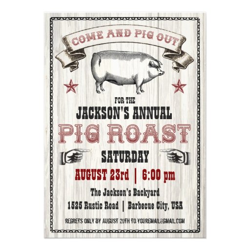 Vintage Pig Roast Invitation on Wood