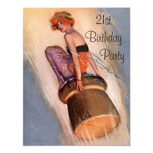 Vintage Pin Up Girl & Champagne Cork 21st Birthday Invitation