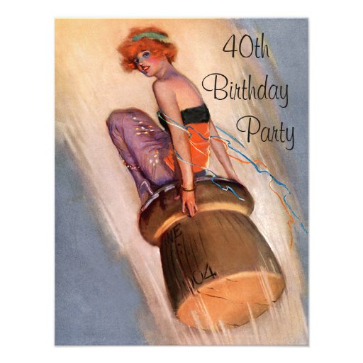 Vintage Pin Up Girl & Champagne Cork 40th Birthday Custom Invites (front side)