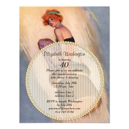 Vintage Pin Up Girl & Champagne Cork 40th Birthday Custom Invites