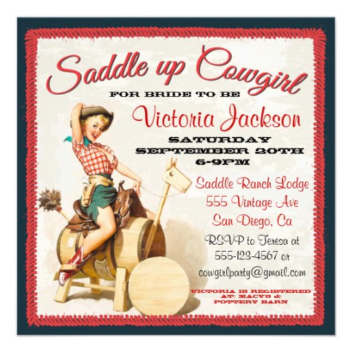 Vintage Pin up Rockabilly Cowgirl Bridal Shower Personalized Invites