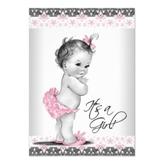 Vintage Pink and Gray Baby Girl Shower 5x7 Paper Invitation Card
